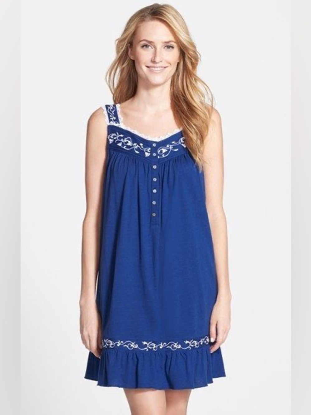 Eileen West Blue Embroidered Cotton Sleeveless Boho Nightgown Dress Large